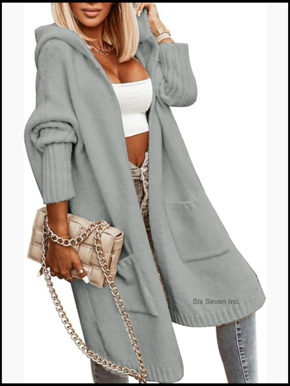 Long Hooded Cardigan Cable Knit Open Front Oversized Sweater Coat with Pockets